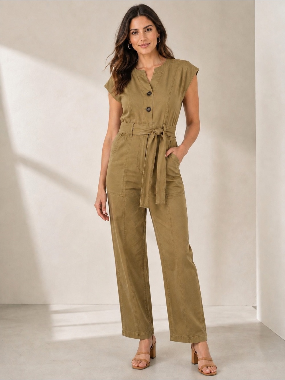 Knox Rose Tan Utility Jumpsuit With Belt- Size Small - NWT
